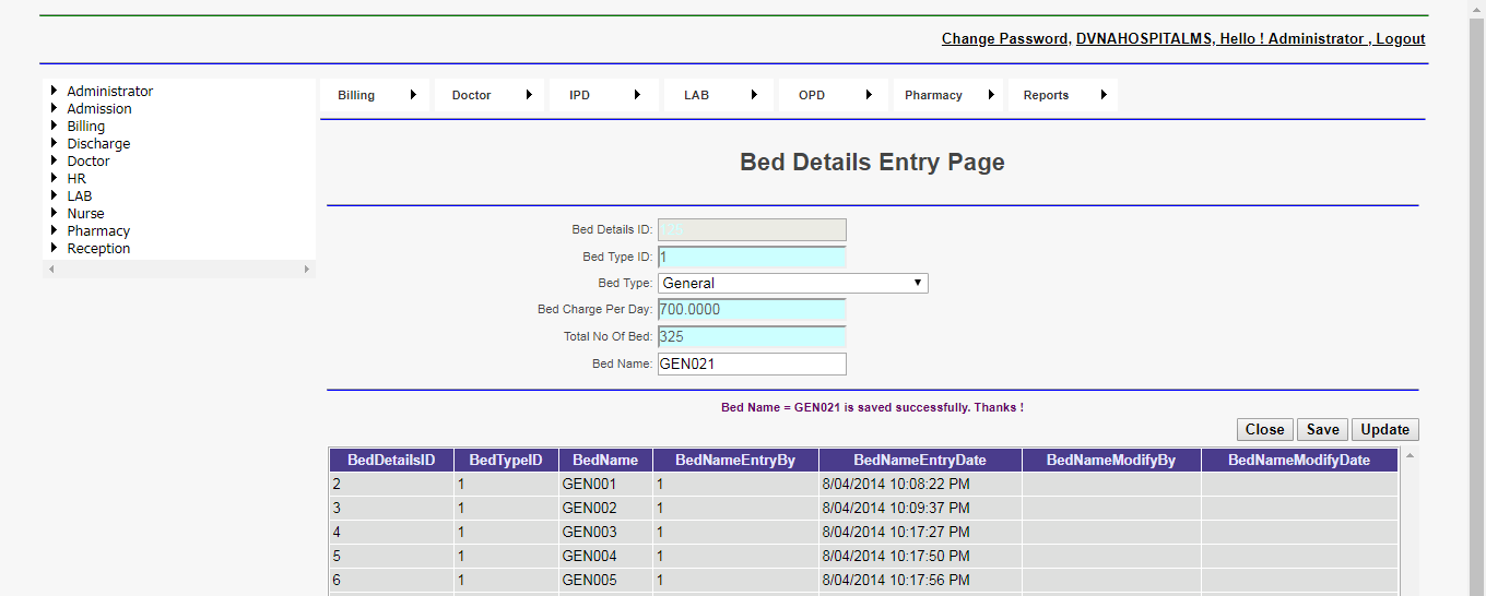 DVNA Hospital Management Software Bed Details Entry Page